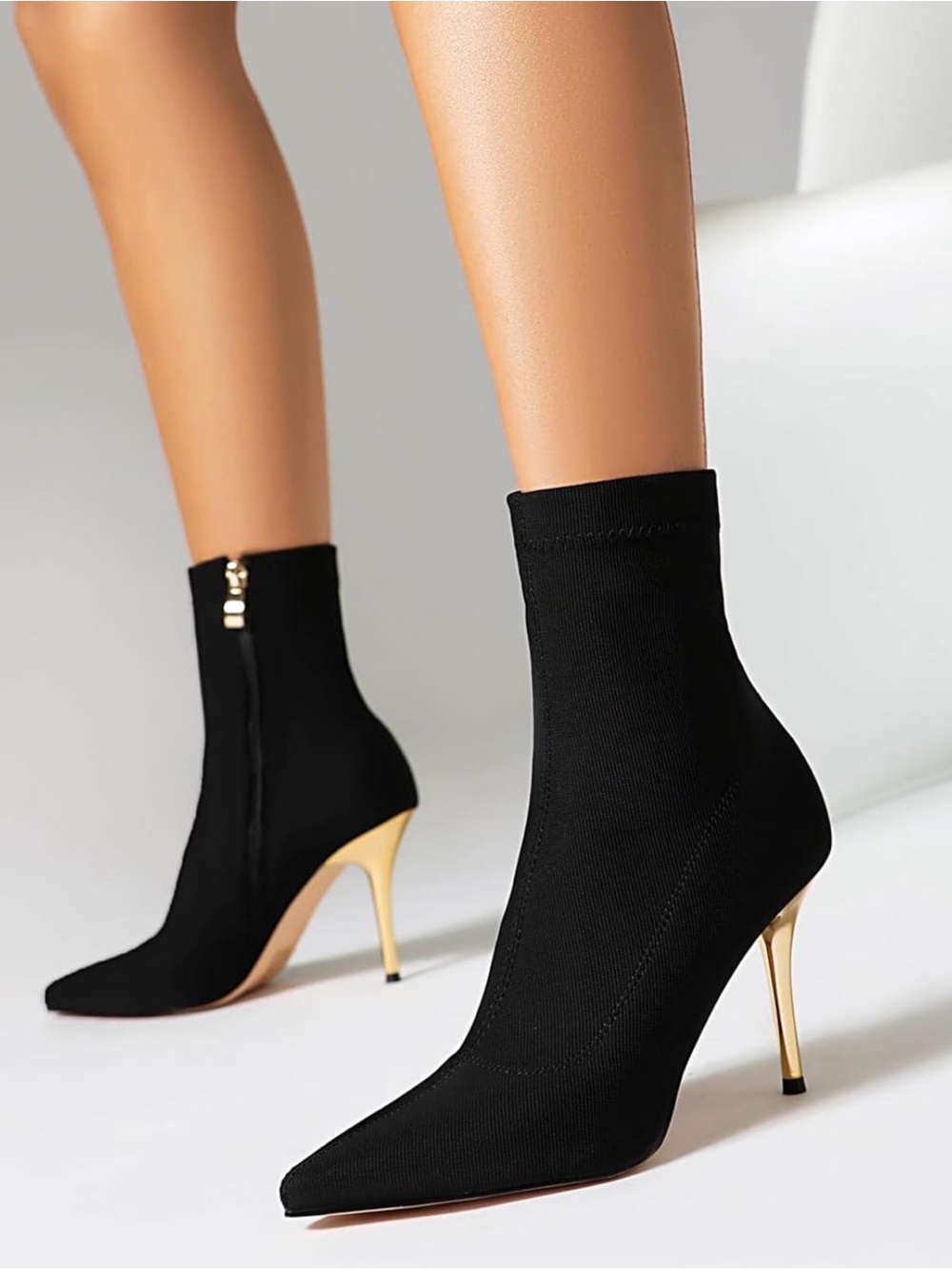 Vivianly Black Sock Ankle Boots with Gold Stiletto Heel